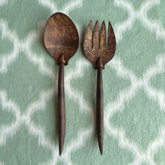 Vintage Handcrafted Wooden woven coconut Spoon and Fork Set - Picture 1 of 7